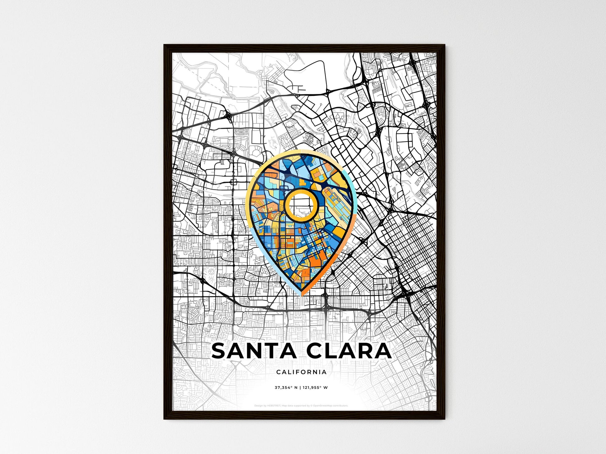 Santa Clara California wedding art map with pointer icon