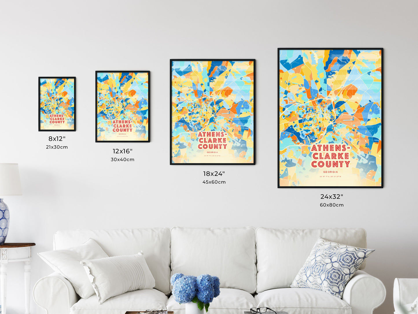 Colorful ATHENS-CLARKE COUNTY GEORGIA Fine Art Map Blue Orange