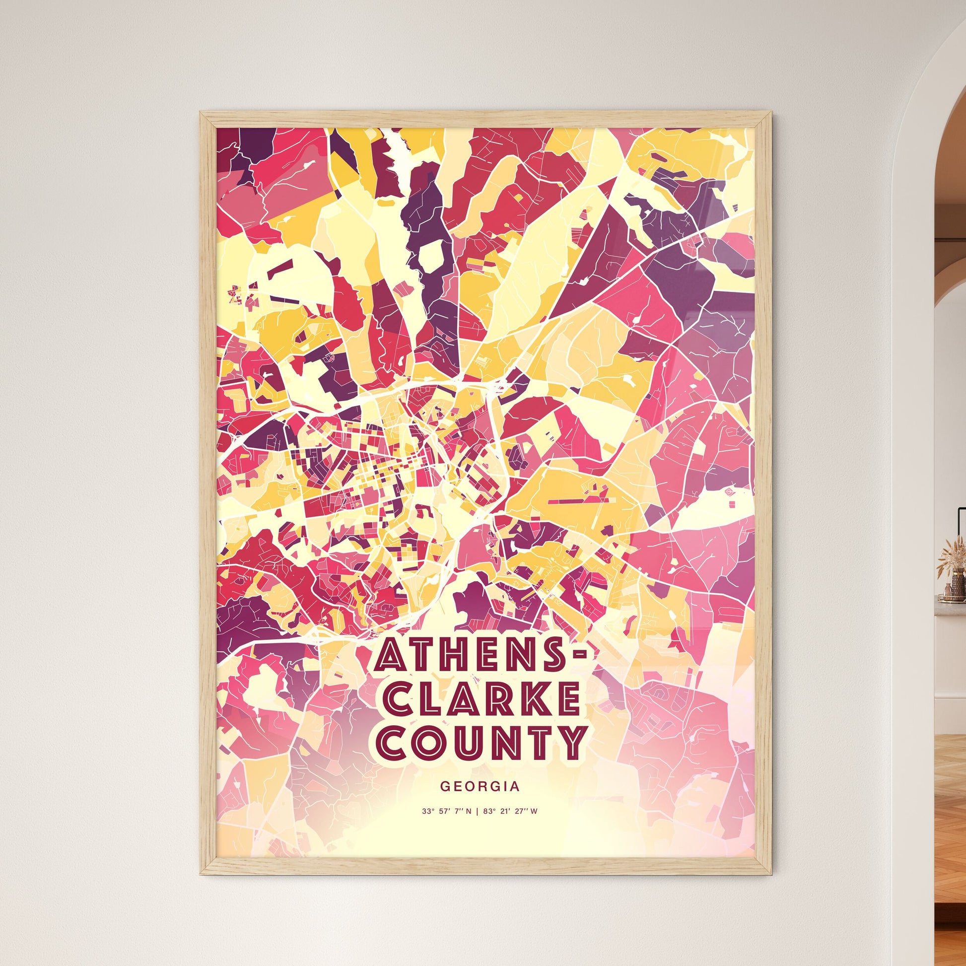 Colorful ATHENS-CLARKE COUNTY GEORGIA Fine Art Map Hot Red