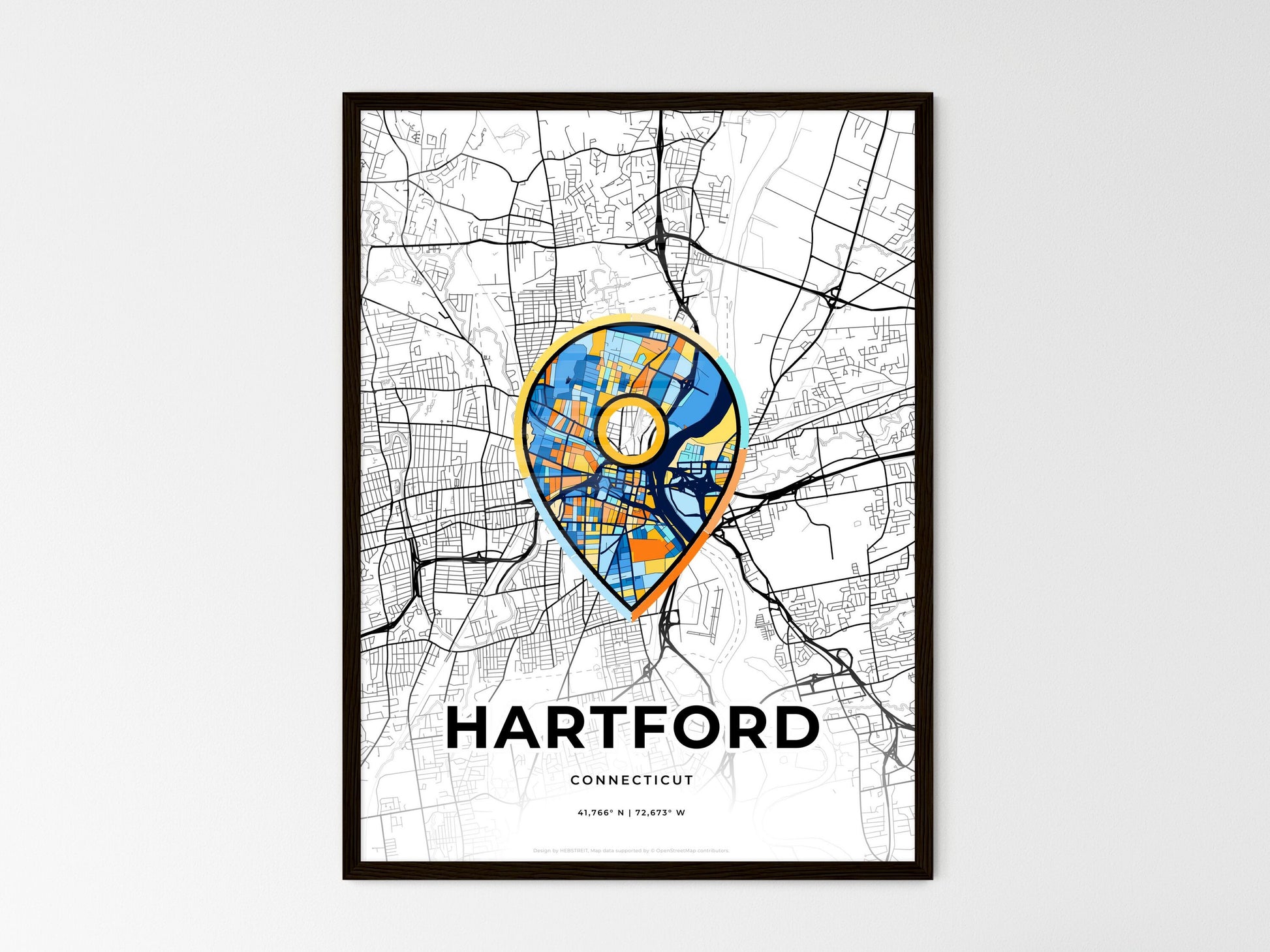 Hartford Connecticut wedding art map with pointer icon