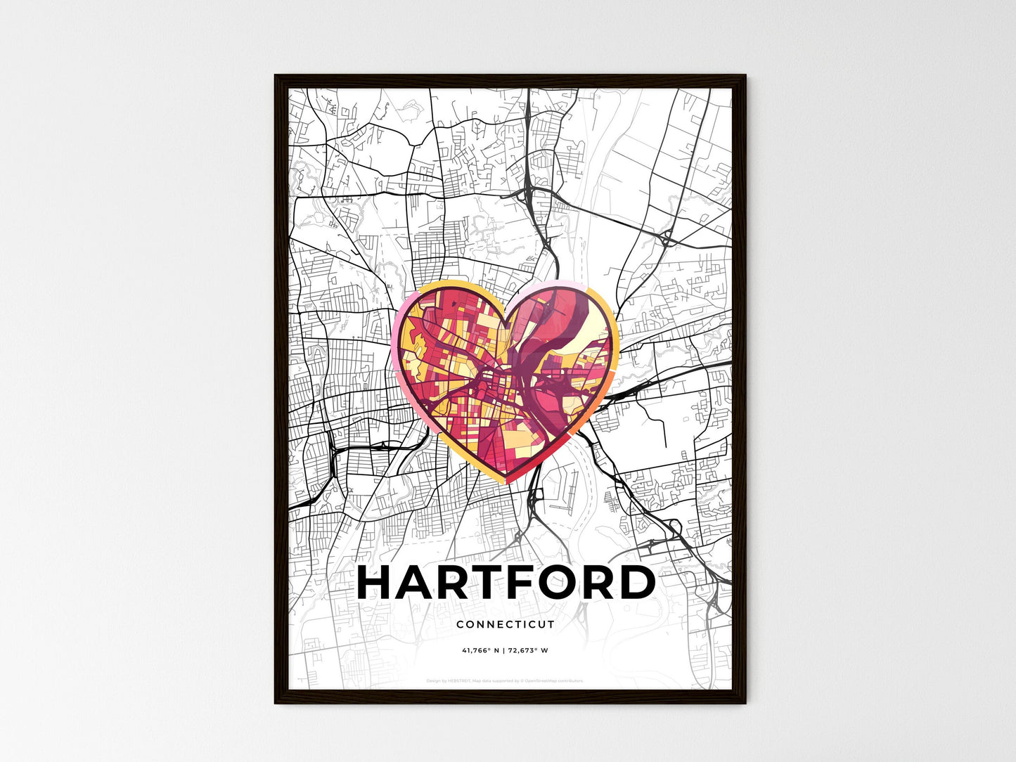 Hartford Connecticut wedding art map with heart icon