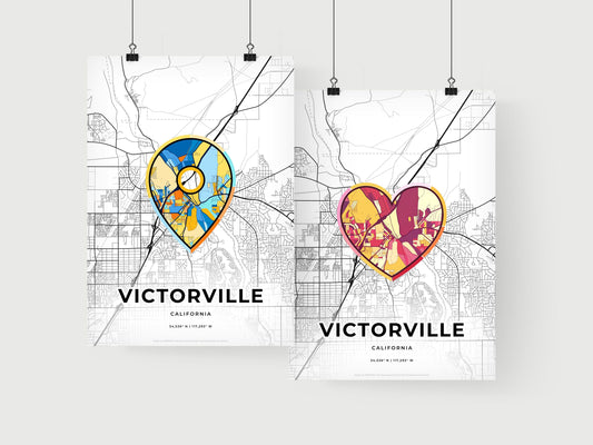VICTORVILLE CALIFORNIA minimal art map with a colorful icon. Where it all began, Couple map gift.
