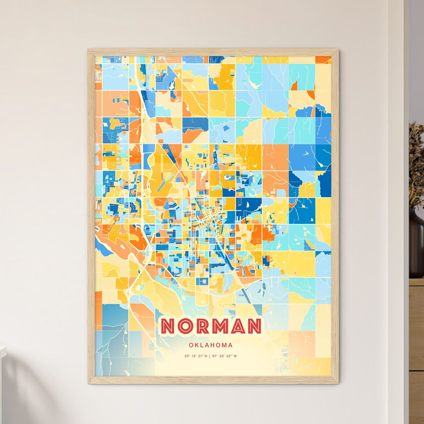 Colorful Norman Oklahoma Fine Art Map Blue Orange