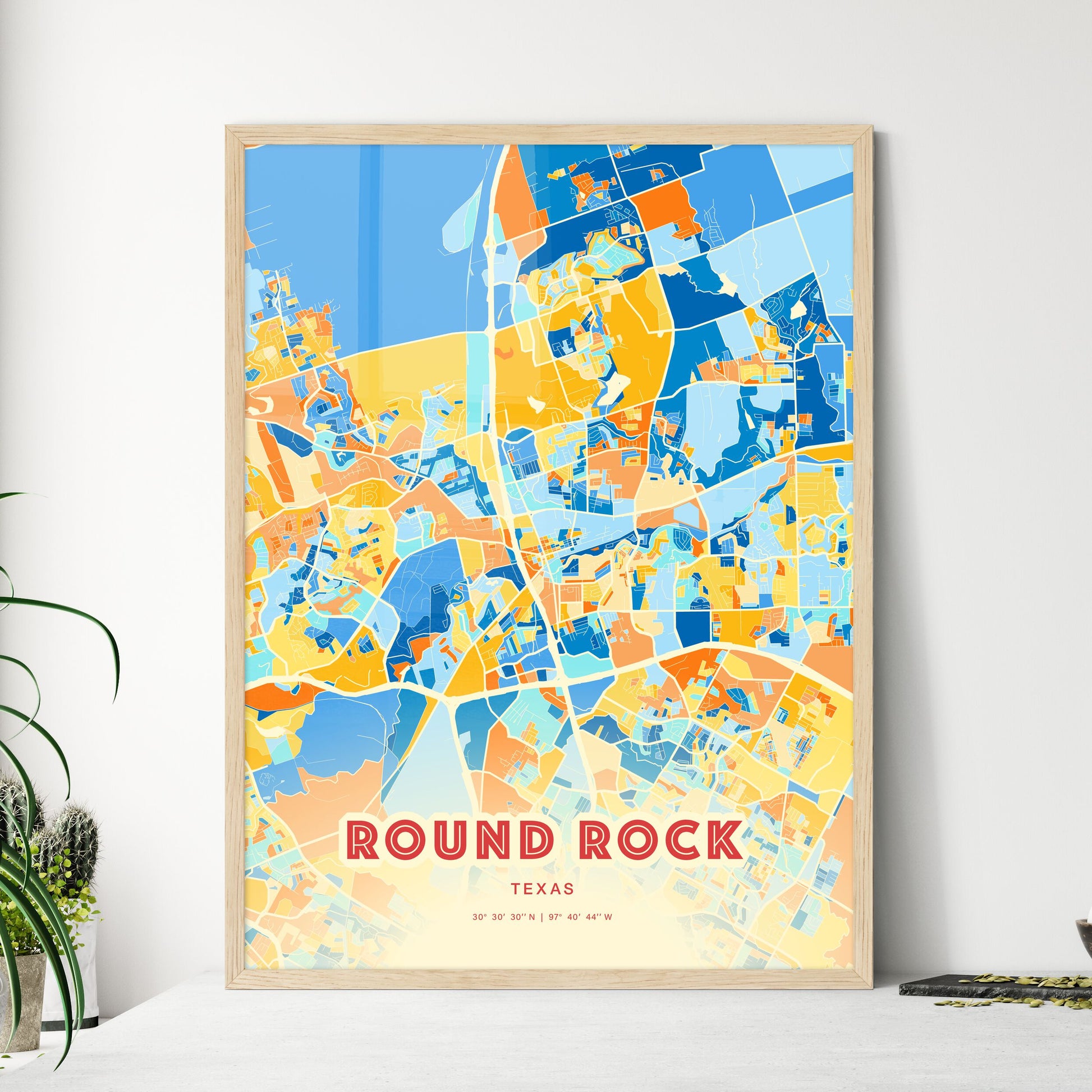 Colorful Round Rock Texas Fine Art Map Blue Orange