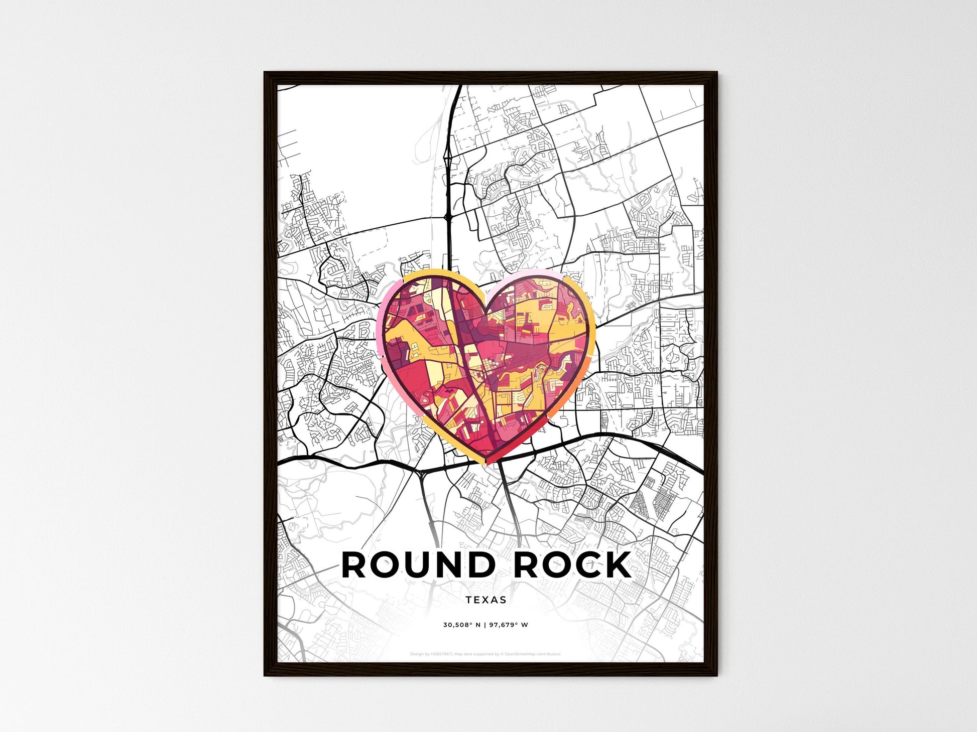 Round Rock Texas wedding art map with heart icon