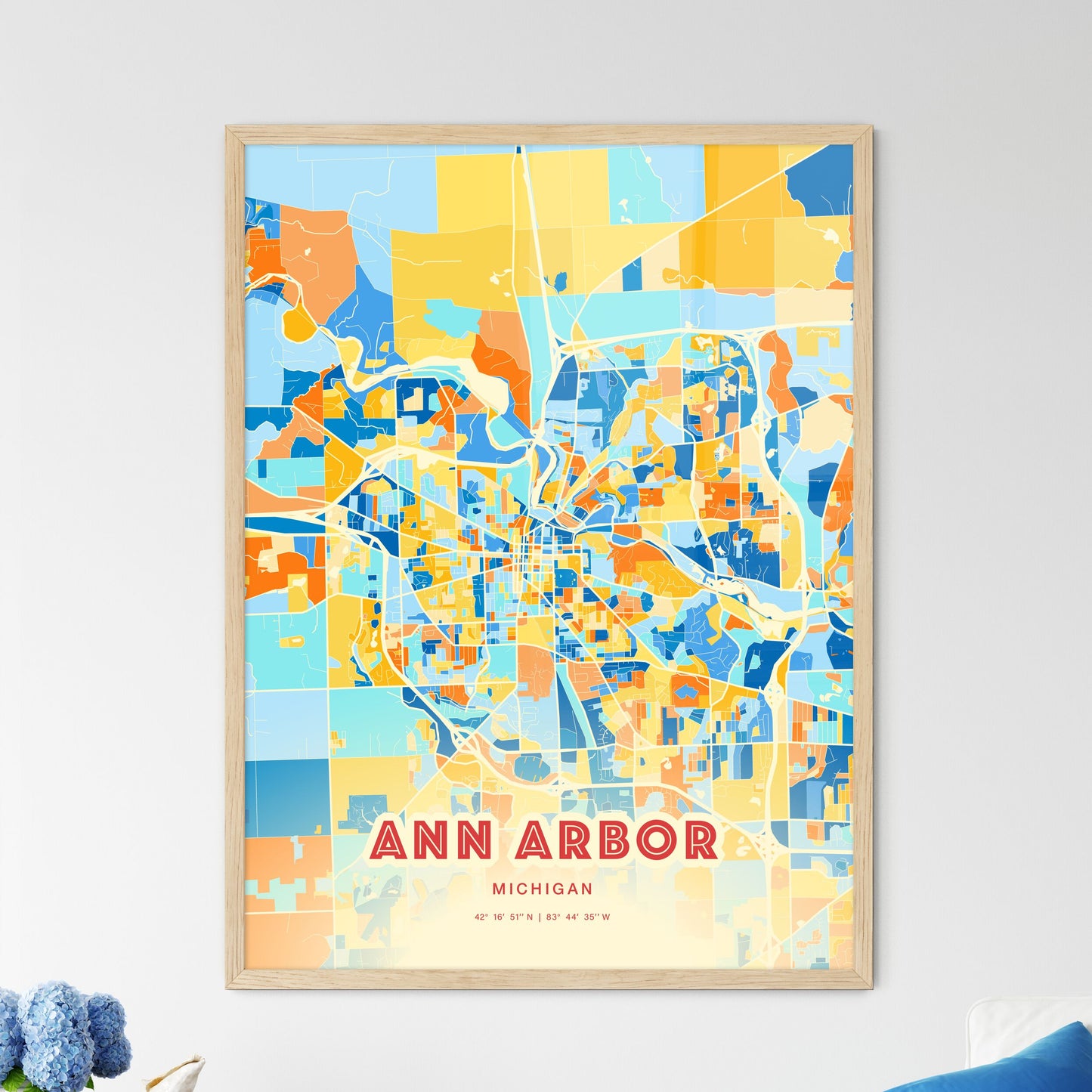 Colorful Ann Arbor Michigan Fine Art Map Blue Orange
