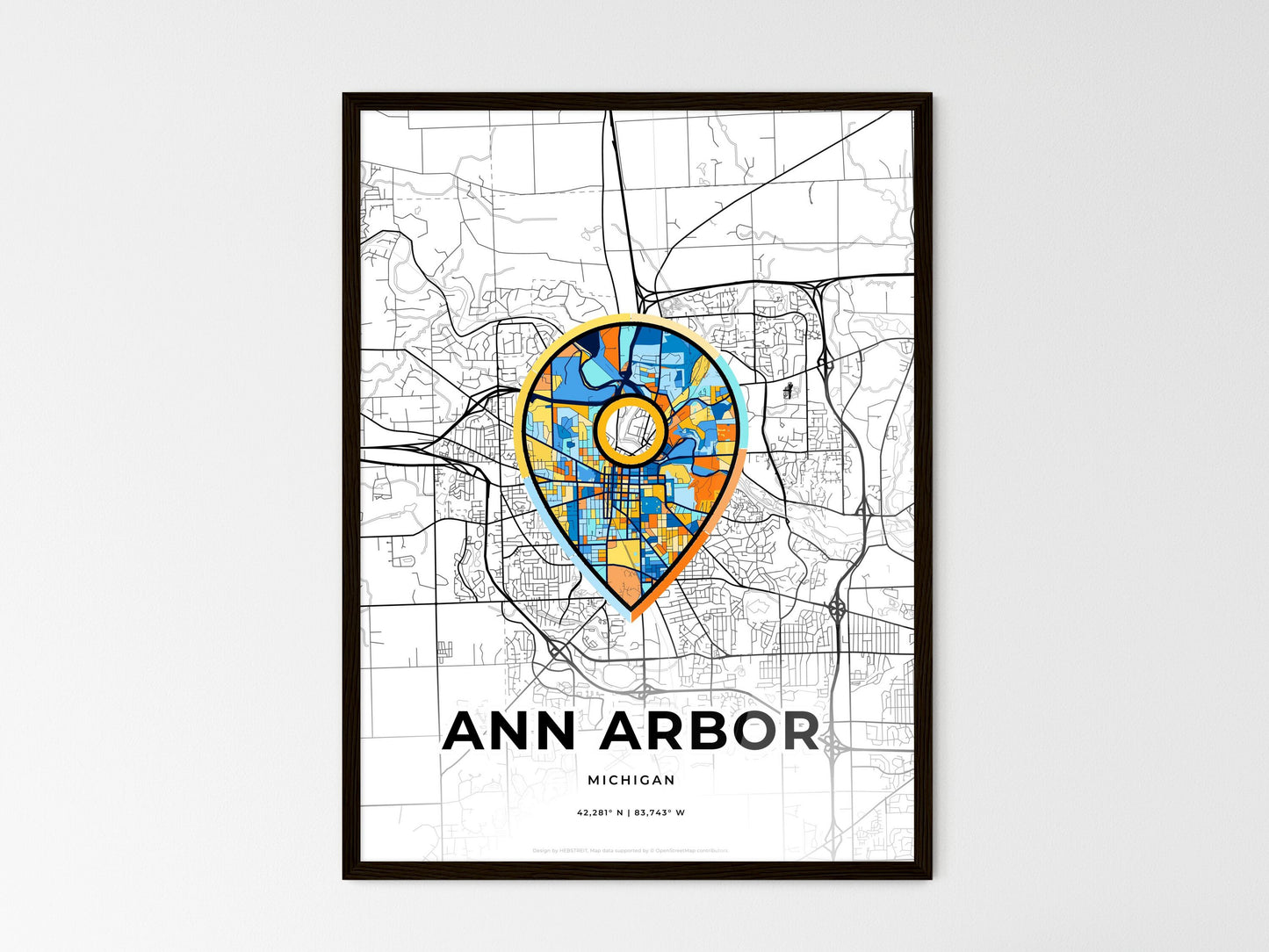 Ann Arbor Michigan wedding art map with pointer icon