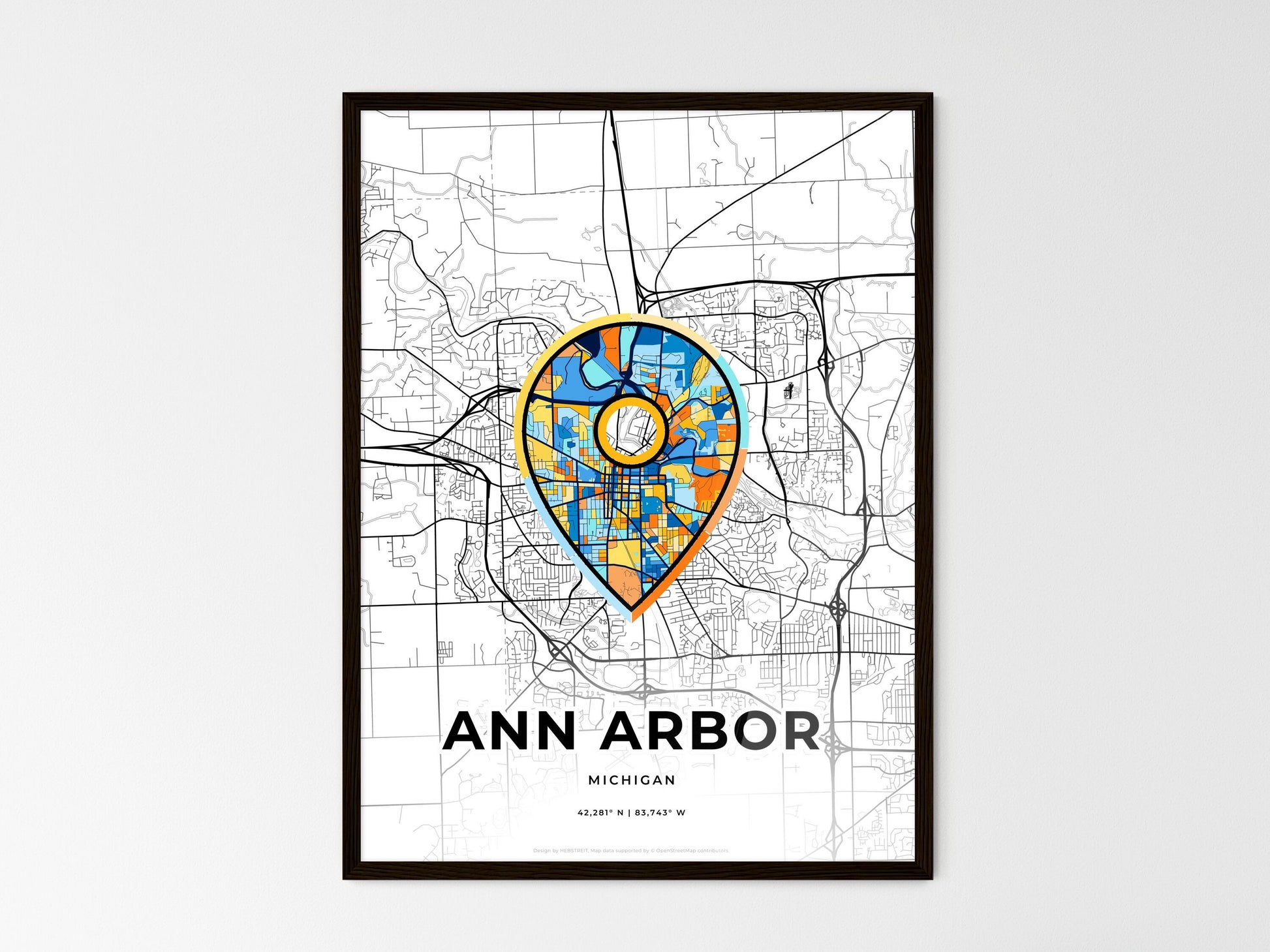 Ann Arbor Michigan wedding art map with pointer icon