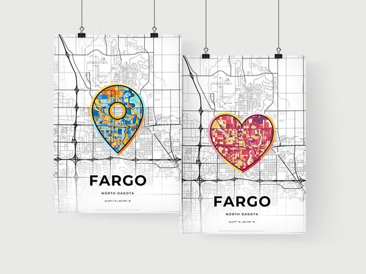 FARGO NORTH DAKOTA minimal art map with a colorful icon. Where it all began, Couple map gift.
