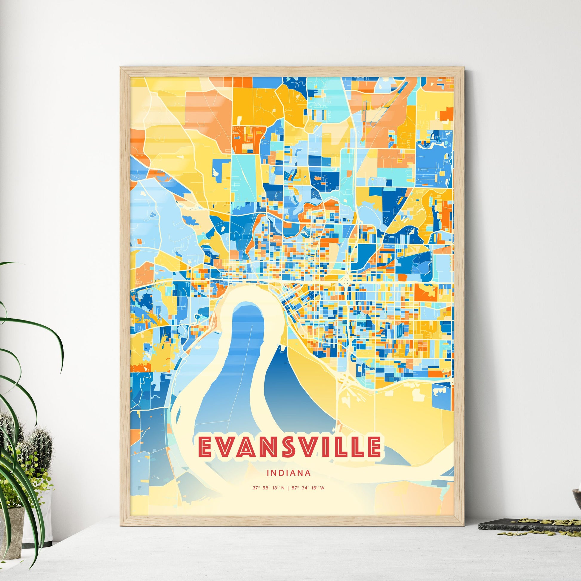 Colorful Evansville Indiana Fine Art Map Blue Orange