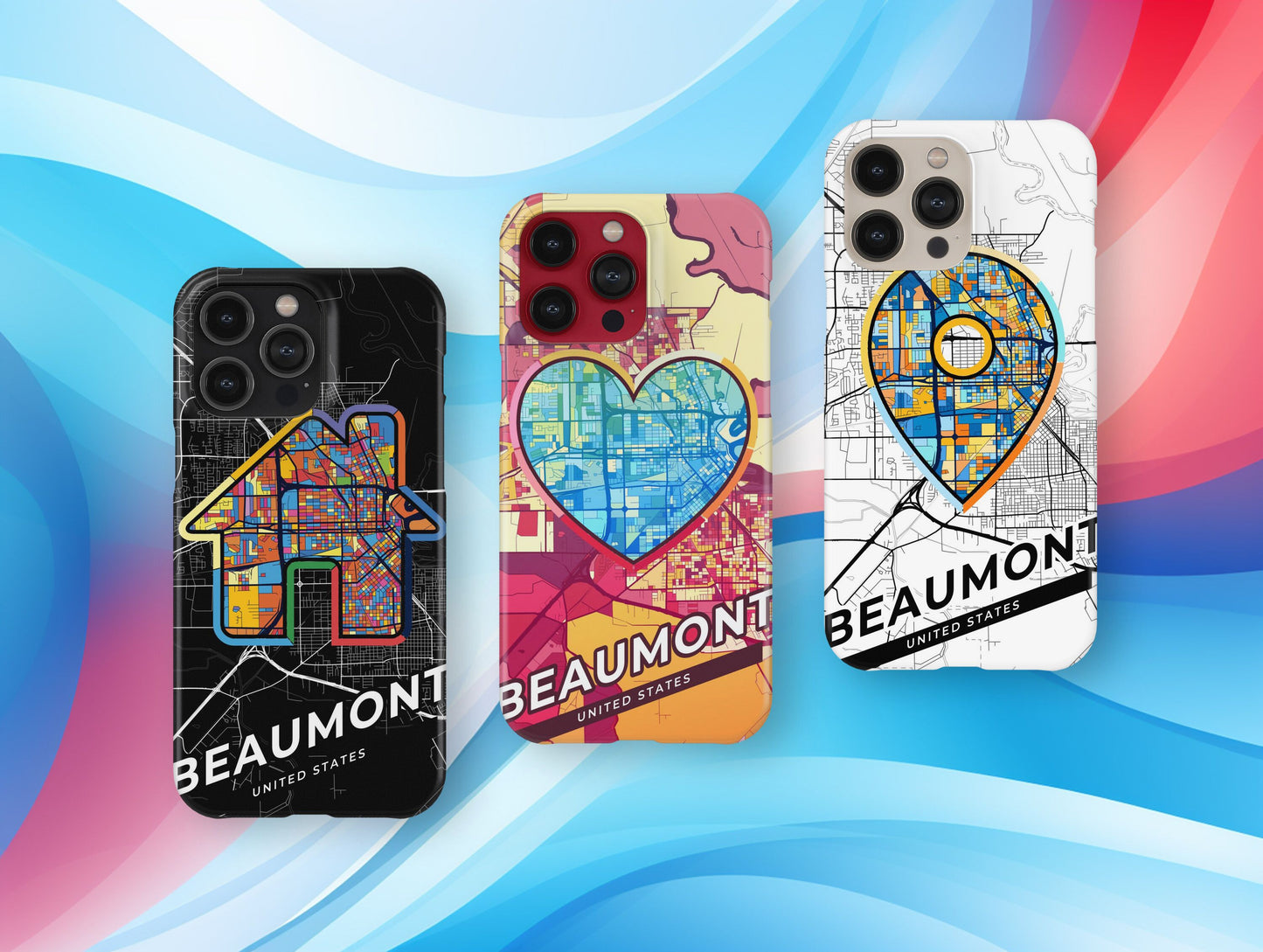 Beaumont Texas slim phone case with colorful icon. Birthday, wedding or housewarming gift. Couple match cases.