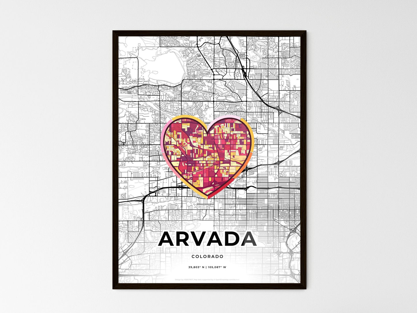 Arvada Colorado wedding art map with heart icon