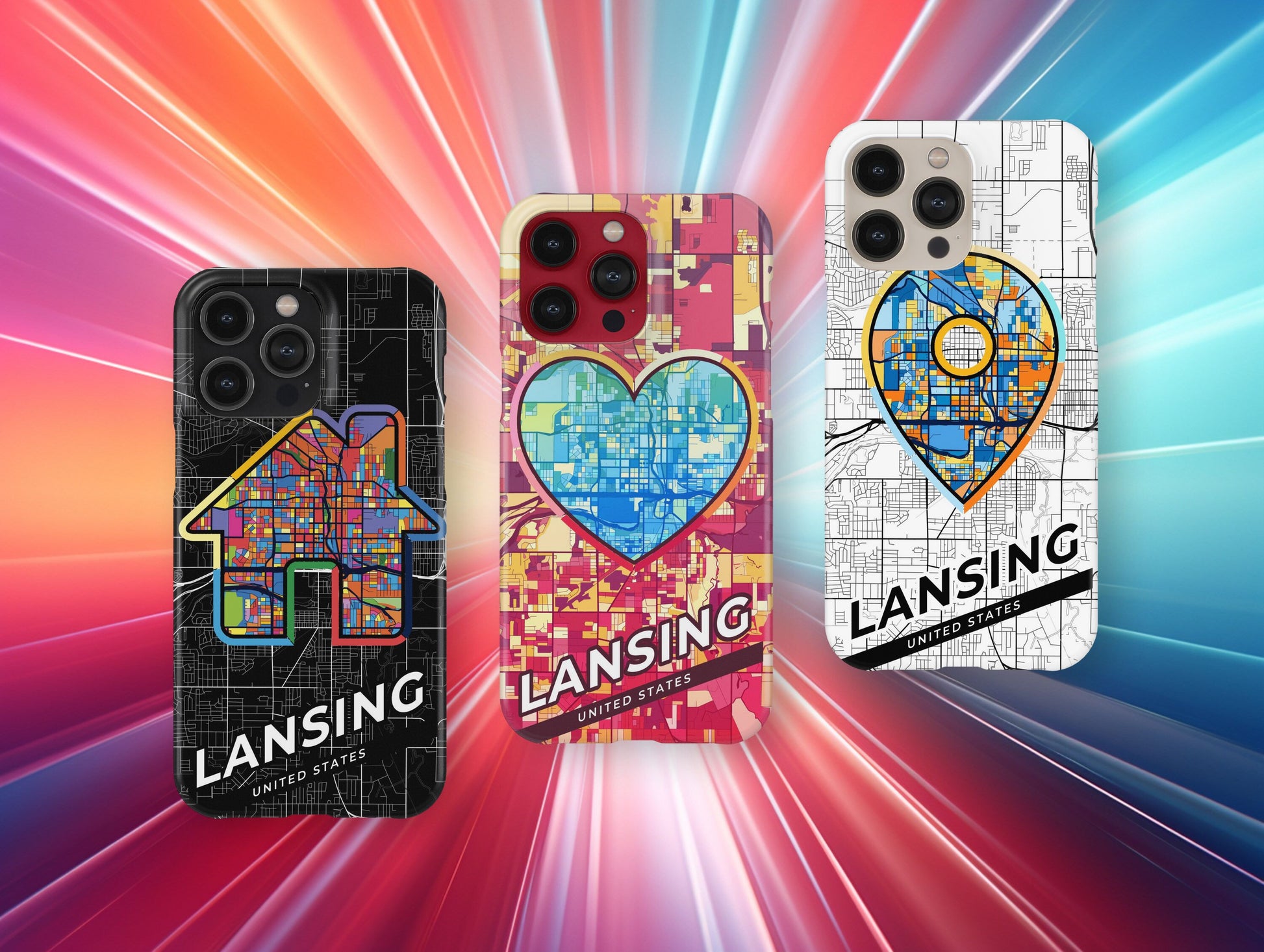 Lansing Michigan slim phone case with colorful icon. Birthday, wedding or housewarming gift. Couple match cases.