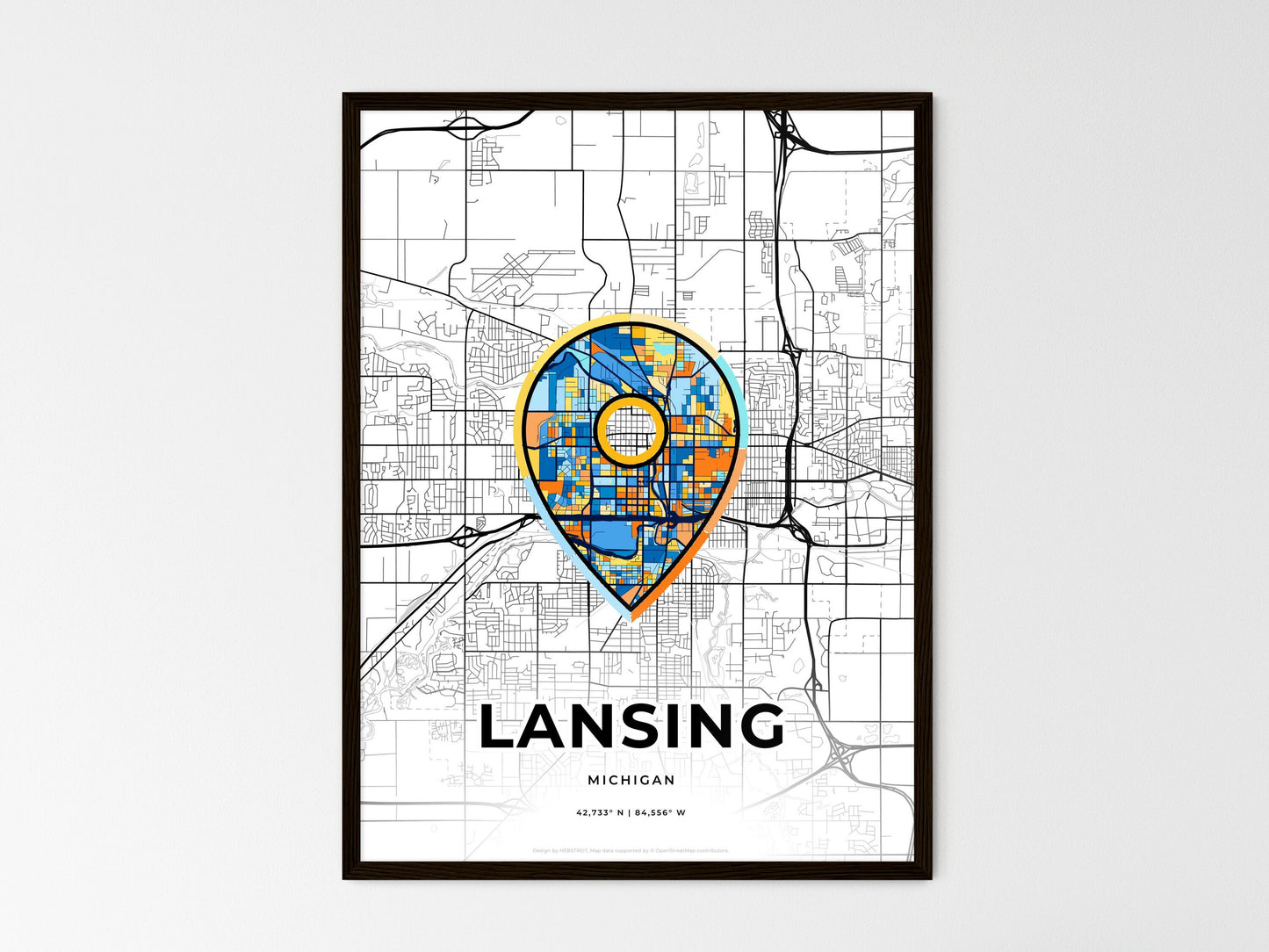 Lansing Michigan wedding art map with pointer icon
