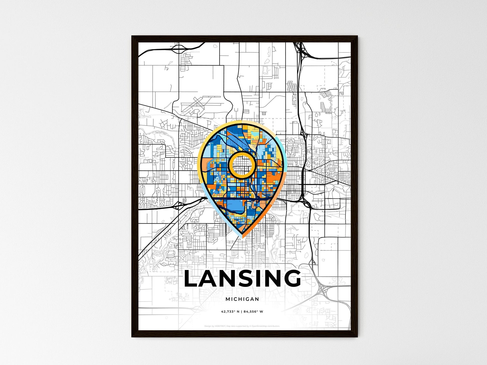 Lansing Michigan wedding art map with pointer icon