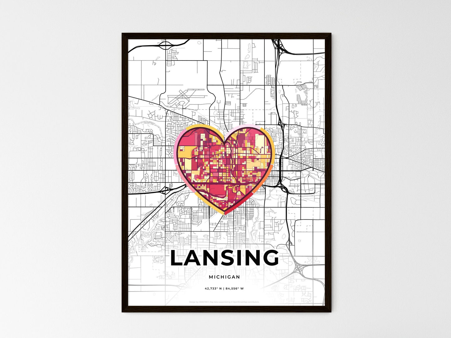 Lansing Michigan wedding art map with heart icon