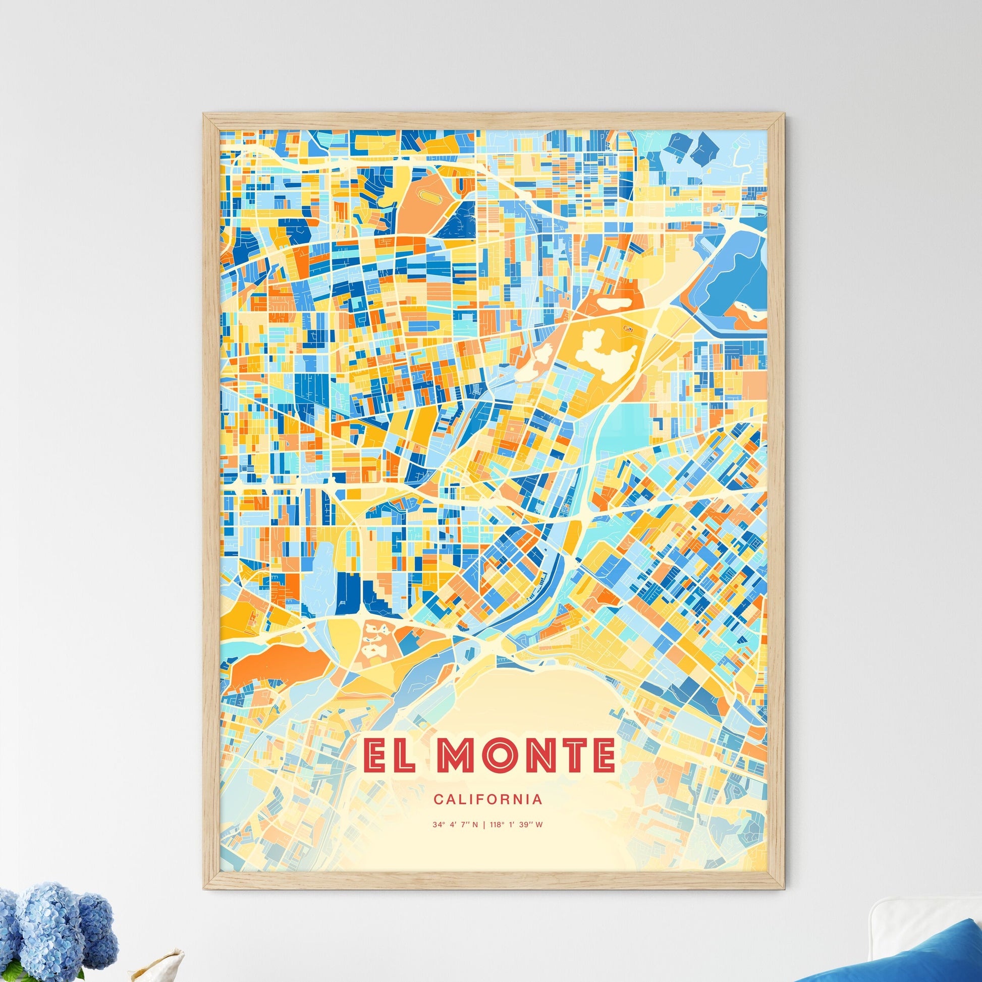 Colorful El Monte California Fine Art Map Blue Orange