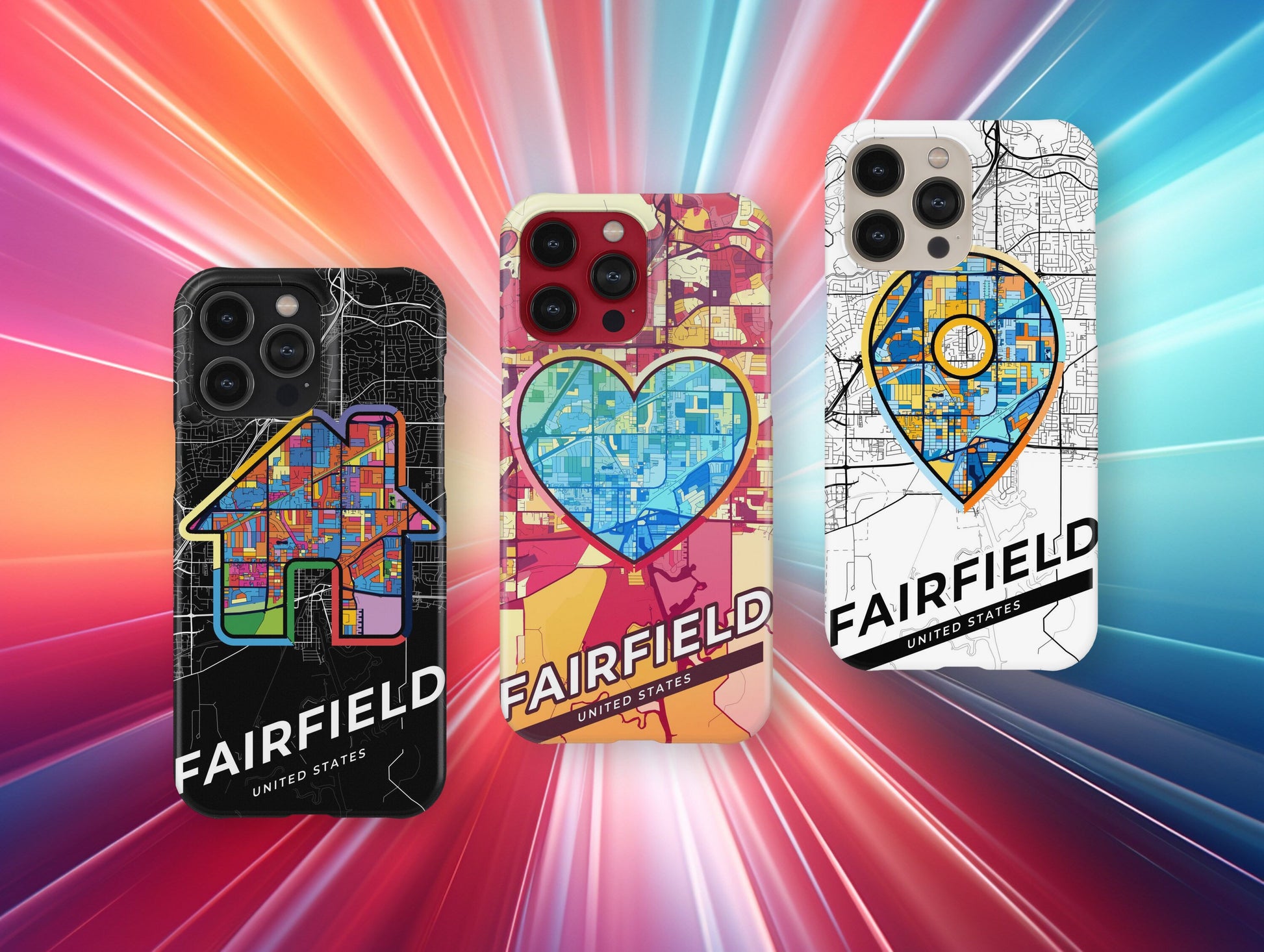 Fairfield California slim phone case with colorful icon. Birthday, wedding or housewarming gift. Couple match cases.