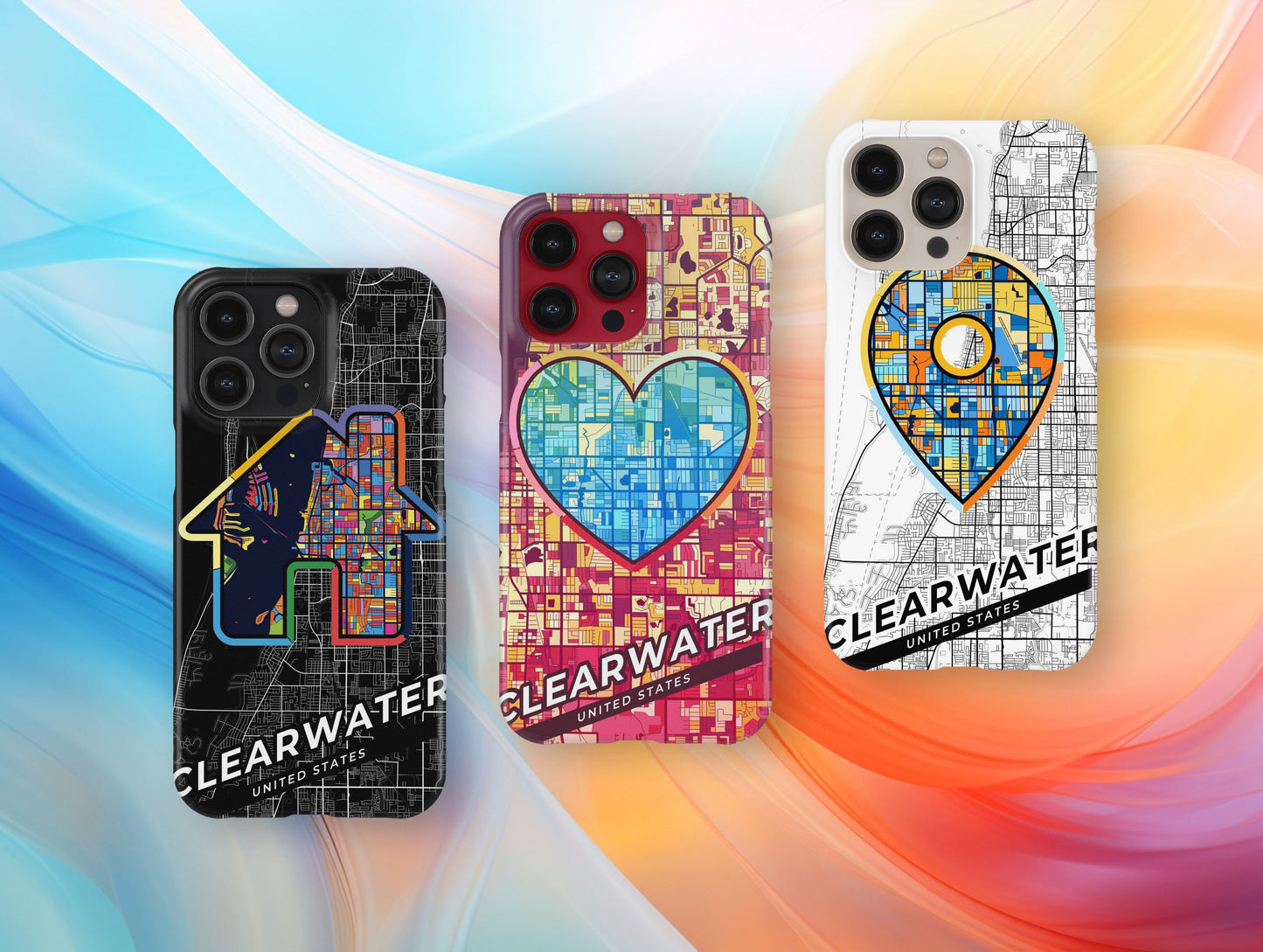 Clearwater Florida slim phone case with colorful icon. Birthday, wedding or housewarming gift. Couple match cases.