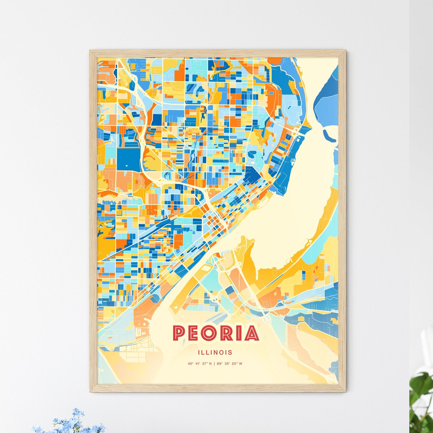Colorful Peoria Illinois Fine Art Map Blue Orange