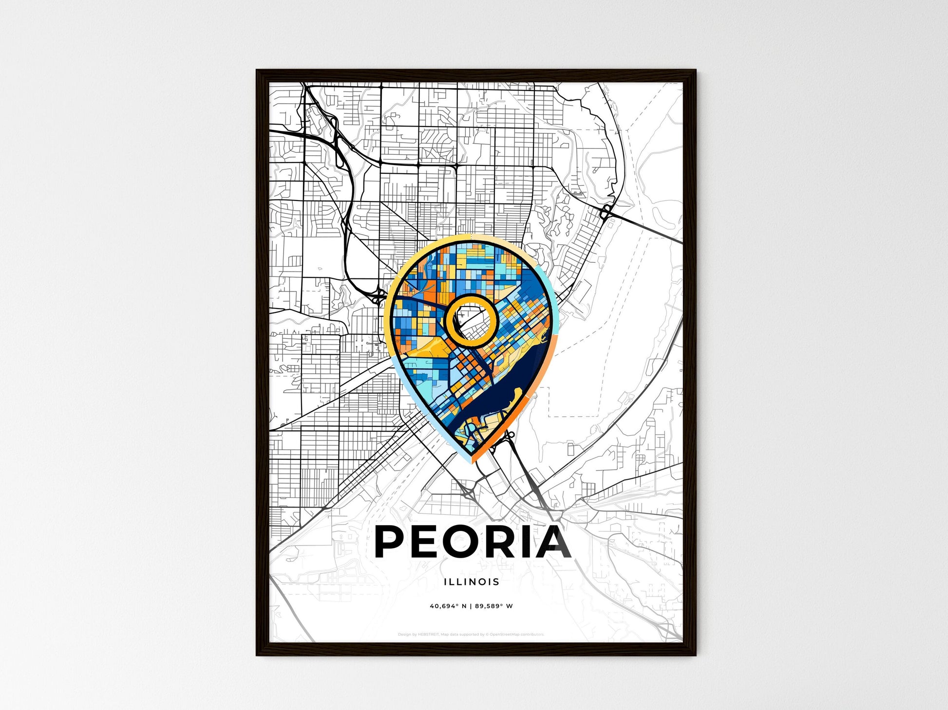 Peoria Illinois wedding art map with pointer icon