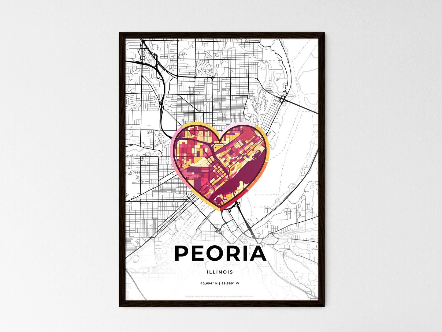 Peoria Illinois wedding art map with heart icon