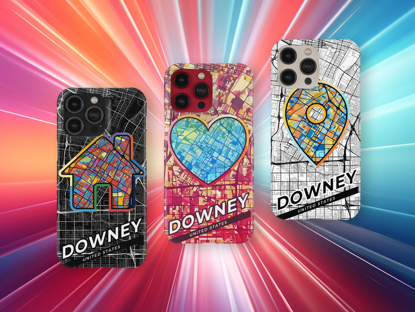 Downey California slim phone case with colorful icon. Birthday, wedding or housewarming gift. Couple match cases.