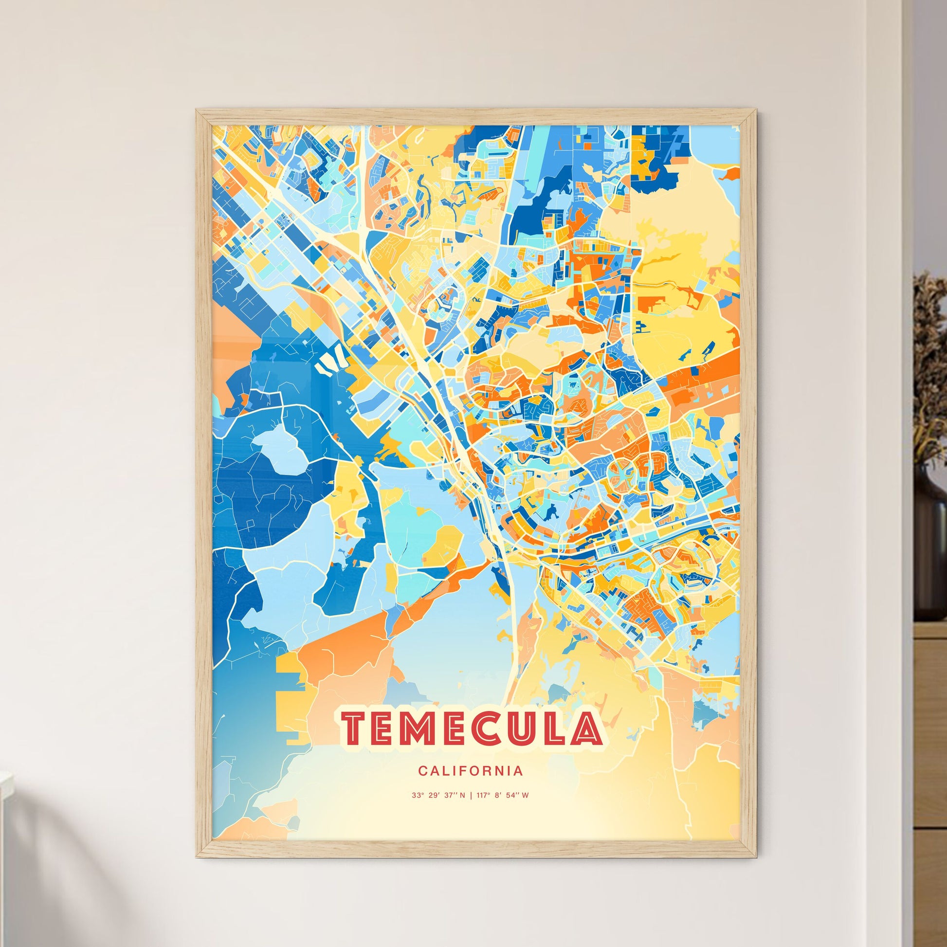 Colorful Temecula California Fine Art Map Blue Orange