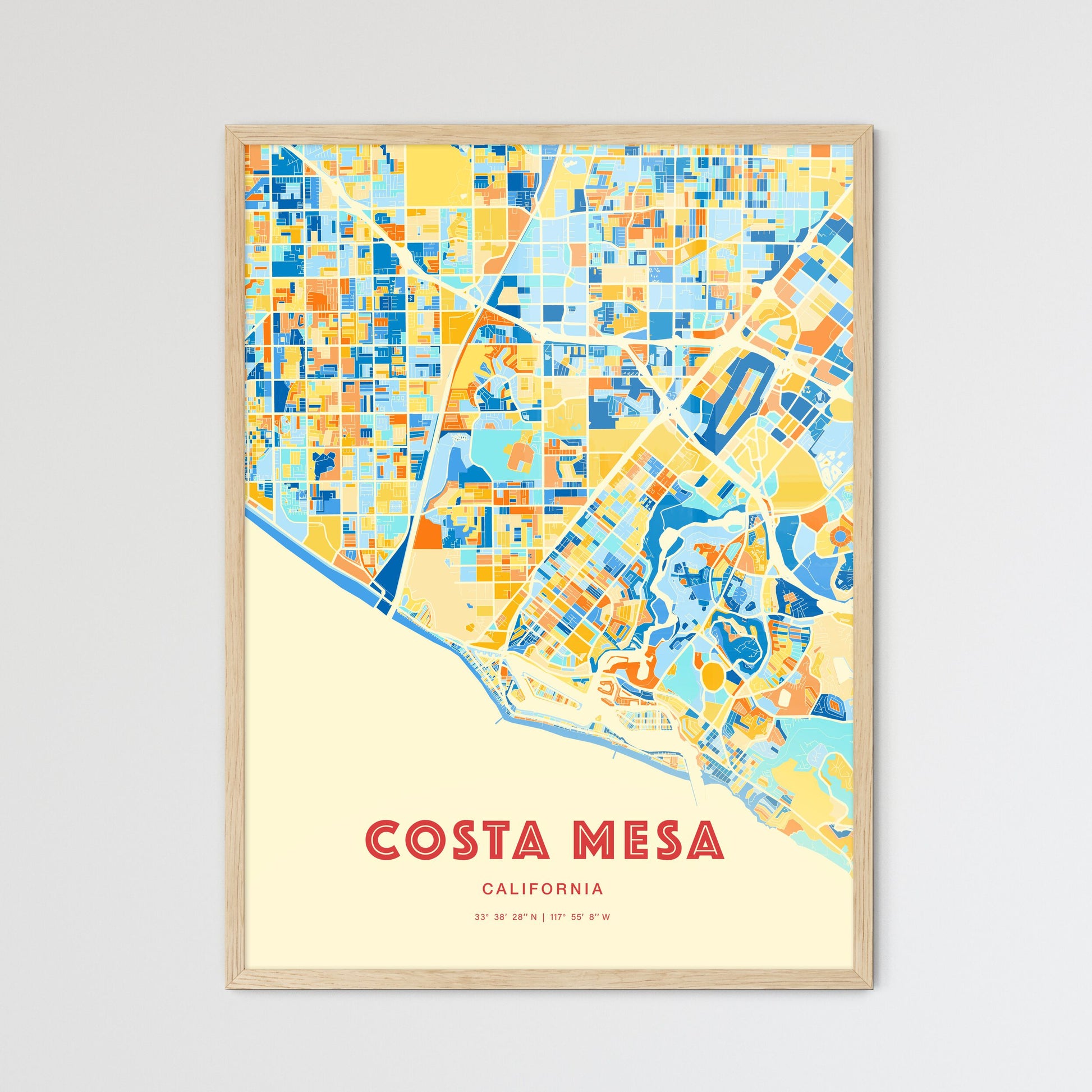 Colorful Costa Mesa California Fine Art Map Blue Orange