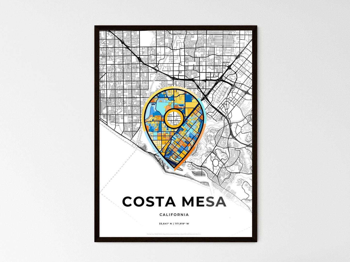 Costa Mesa California wedding art map with pointer icon