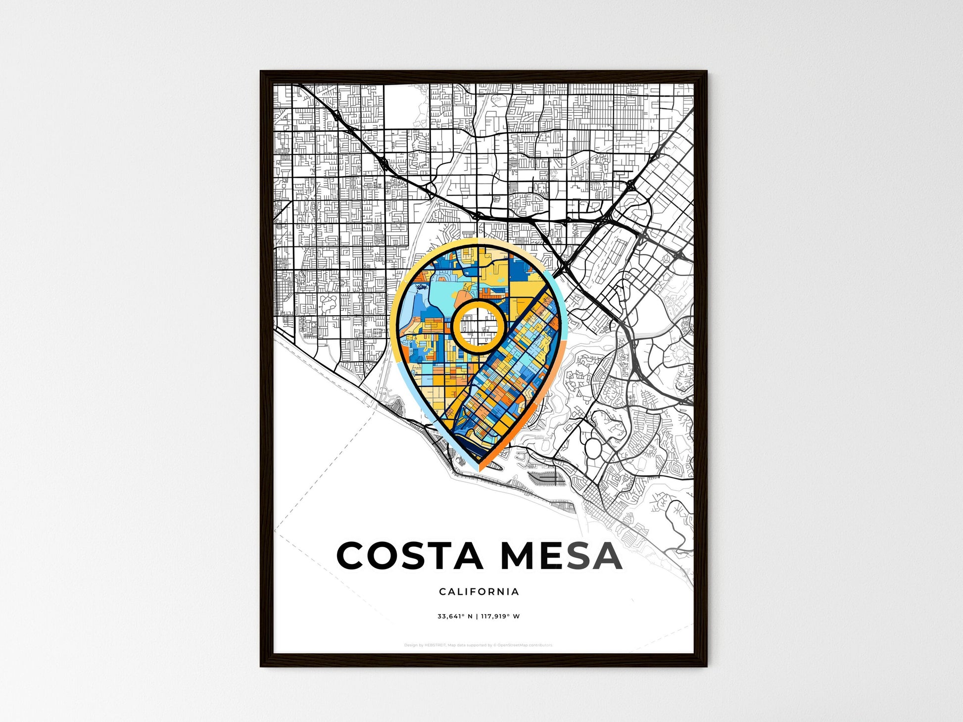 Costa Mesa California wedding art map with pointer icon