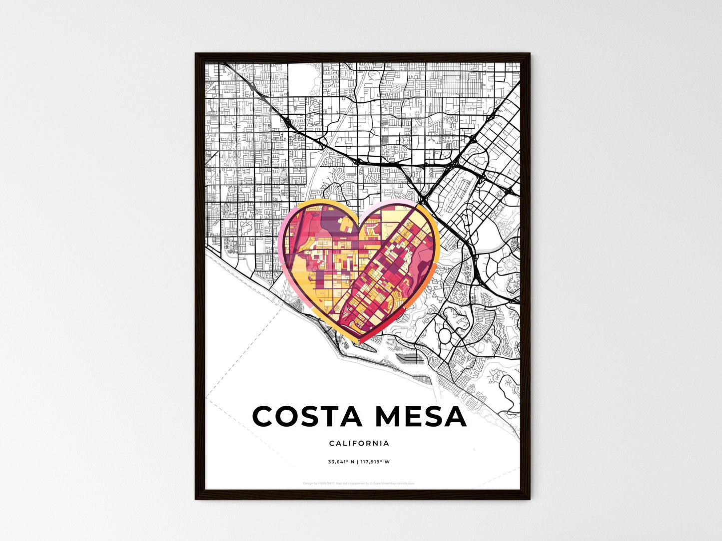 Costa Mesa California wedding art map with heart icon