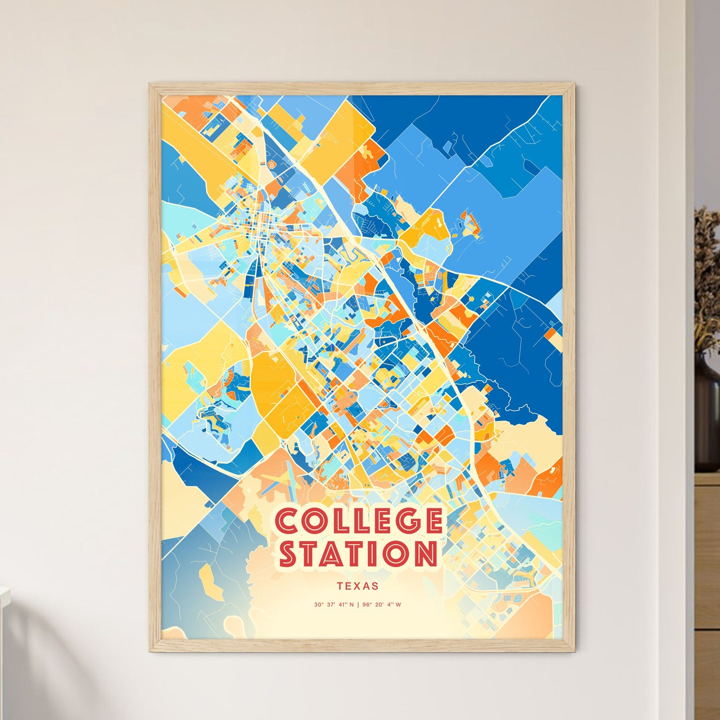 Colorful College Station Texas Fine Art Map Blue Orange