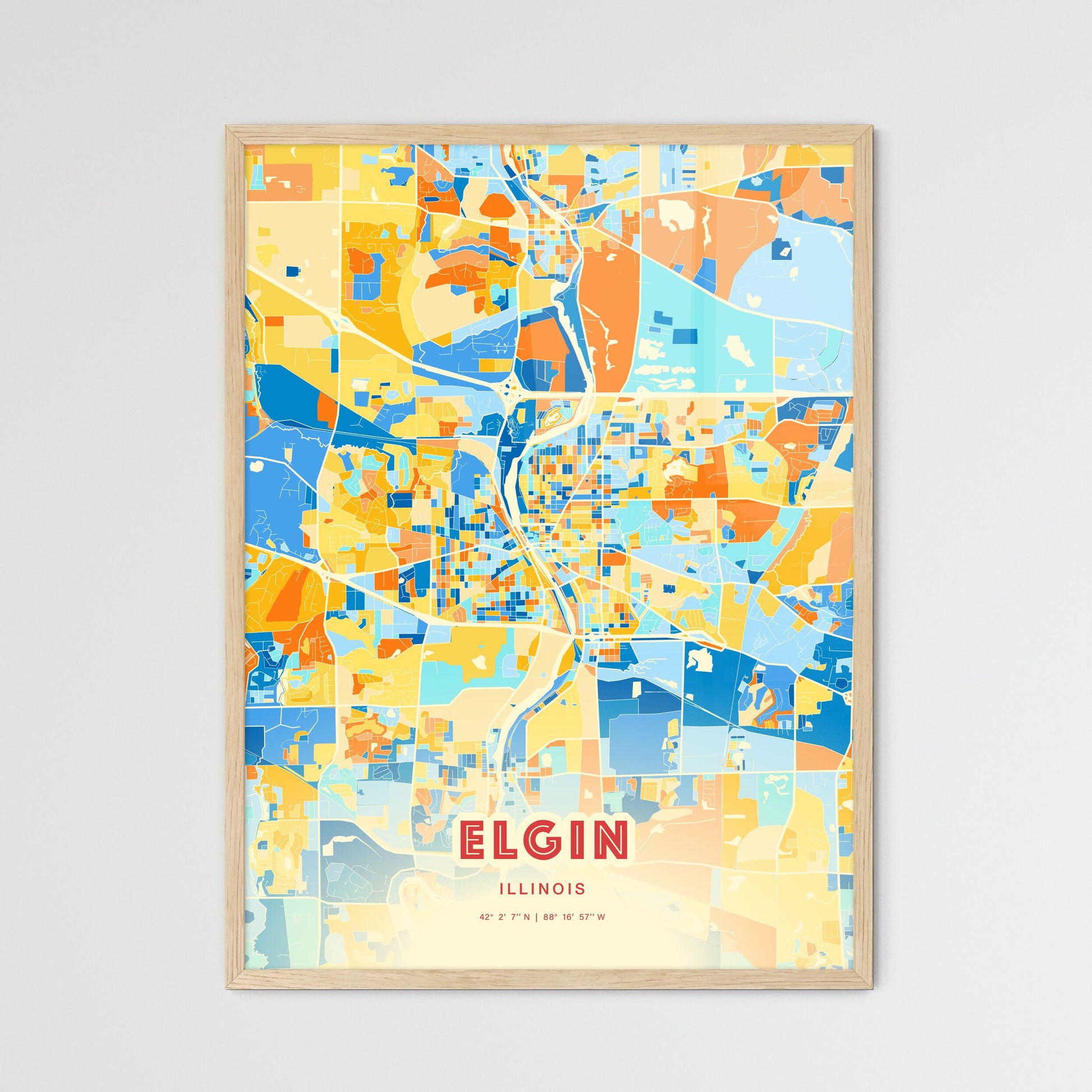 Colorful Elgin Illinois Fine Art Map Blue Orange