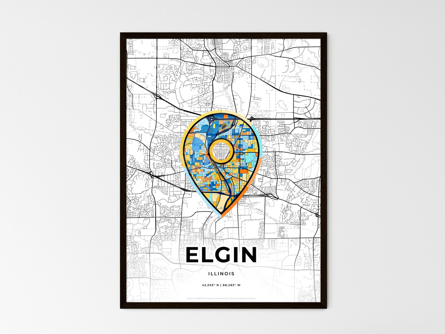 Elgin Illinois wedding art map with pointer icon