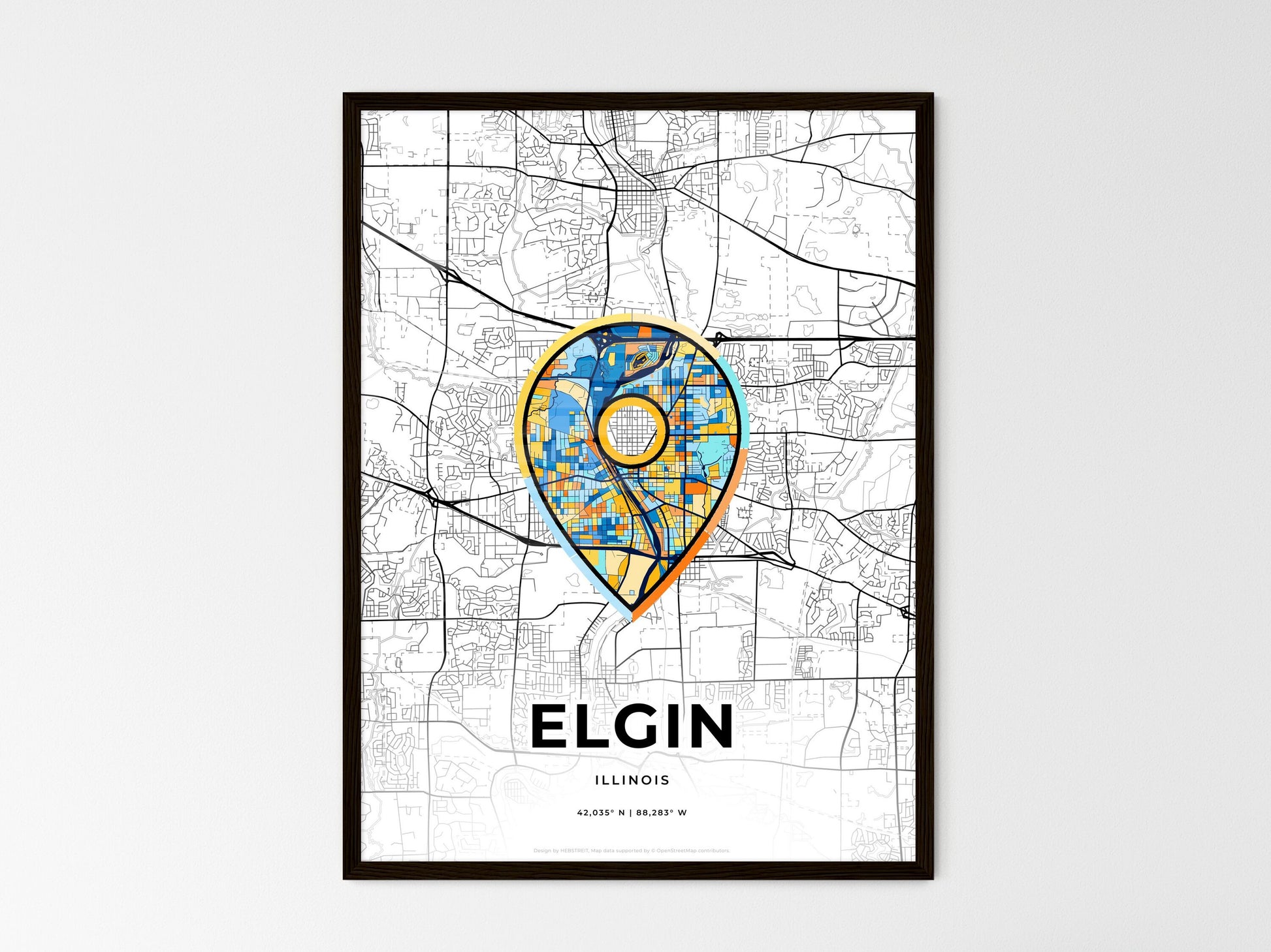 Elgin Illinois wedding art map with pointer icon
