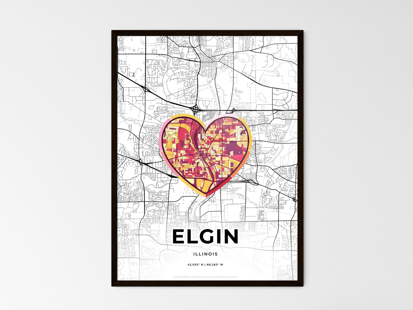 Elgin Illinois wedding art map with heart icon