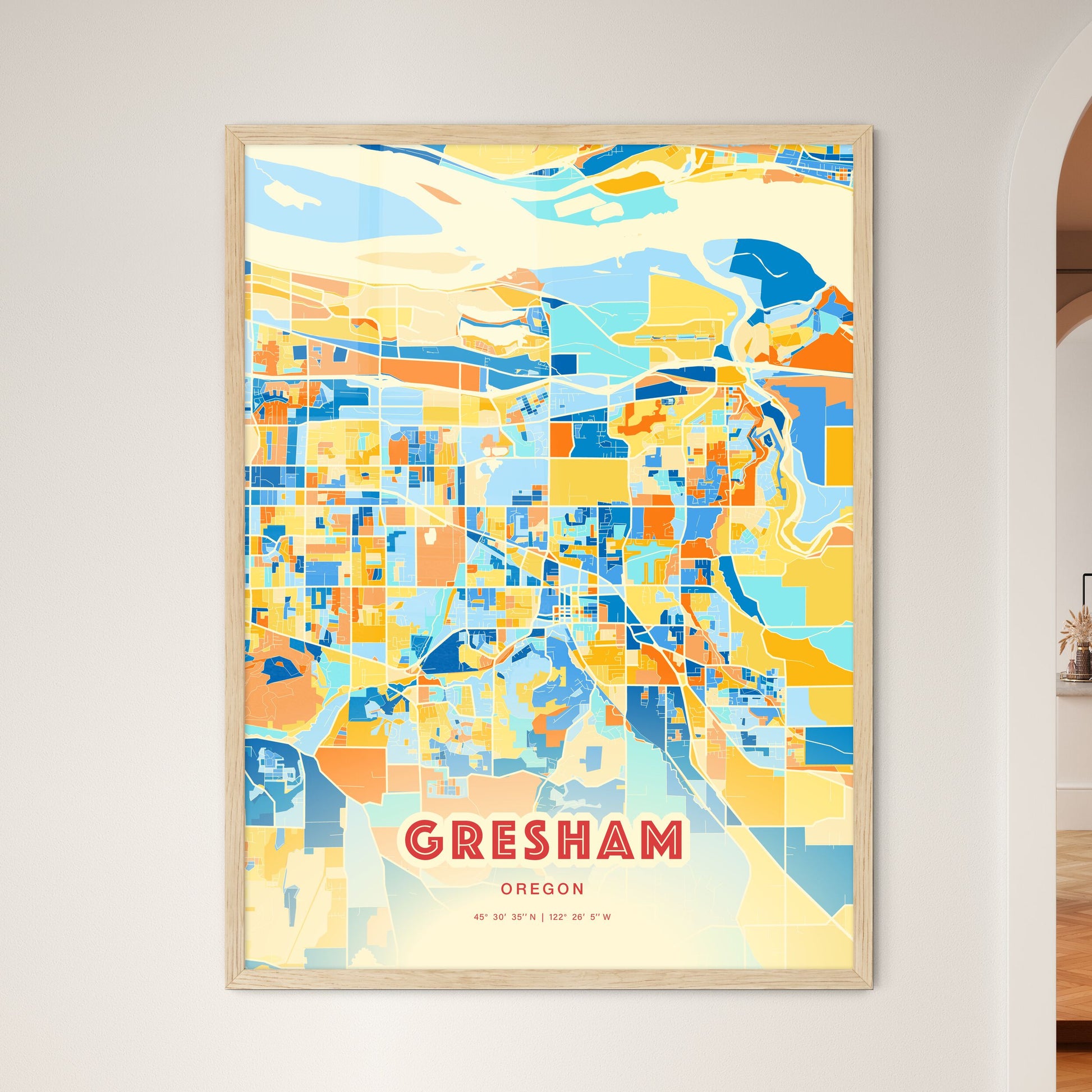 Colorful Gresham Oregon Fine Art Map Blue Orange