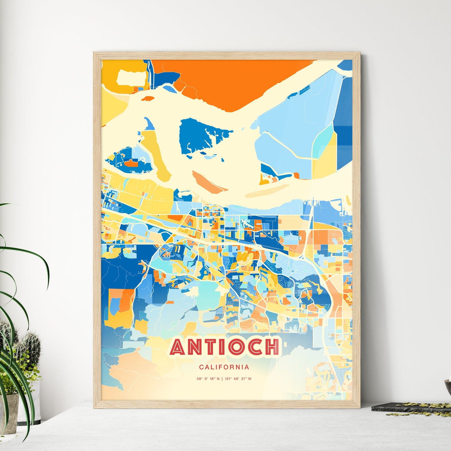 Colorful Antioch California Fine Art Map Blue Orange