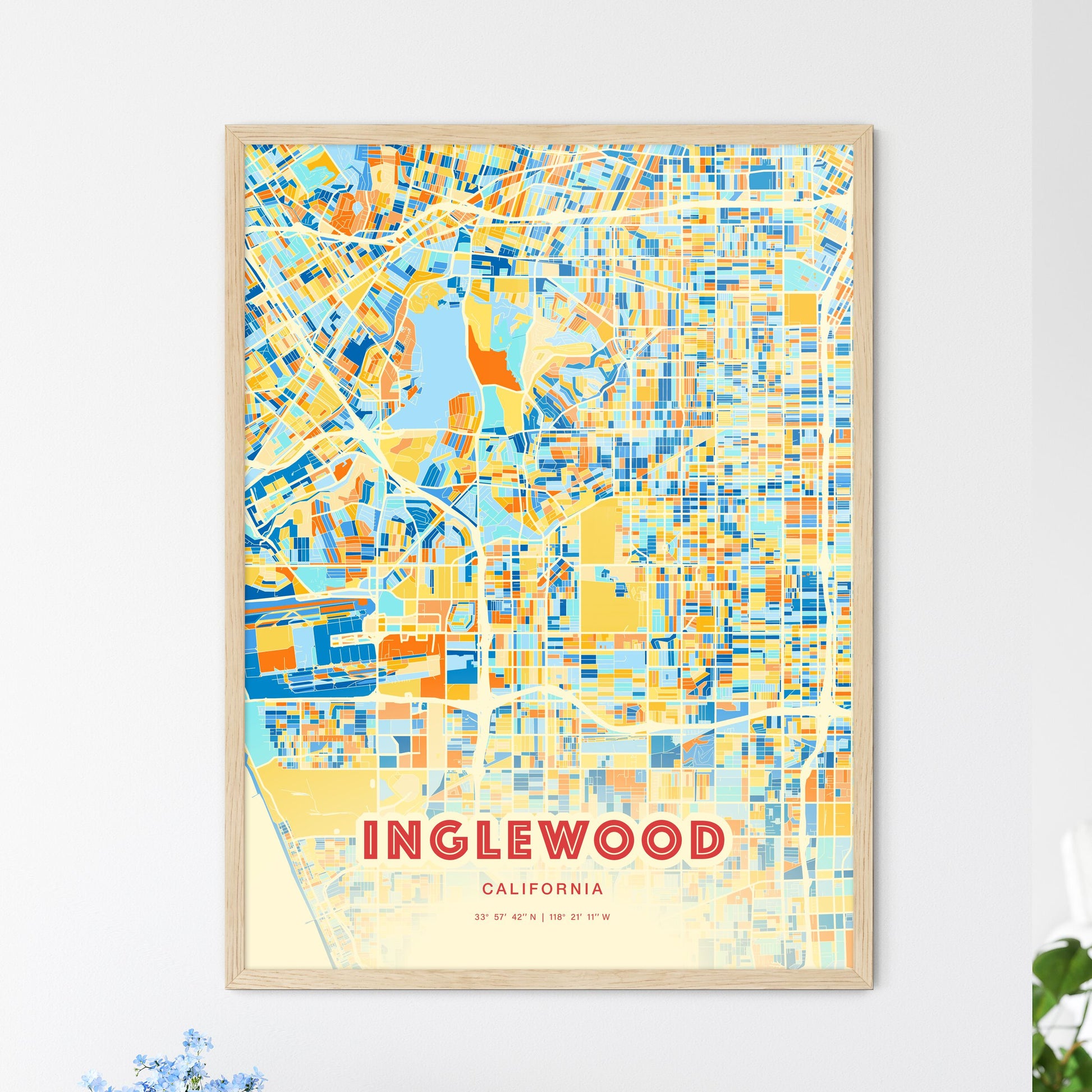 Colorful Inglewood California Fine Art Map Blue Orange