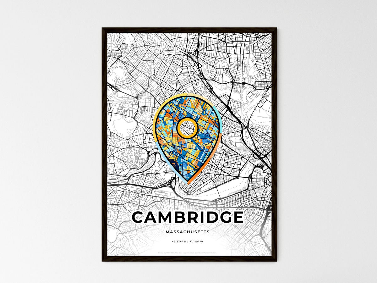 Cambridge Massachusetts wedding art map with pointer icon