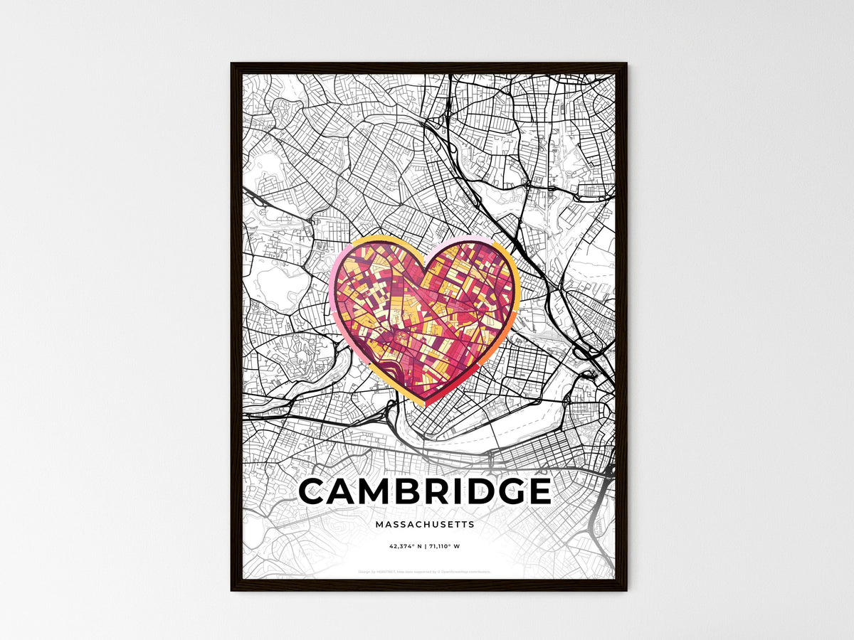 Cambridge Massachusetts wedding art map with heart icon
