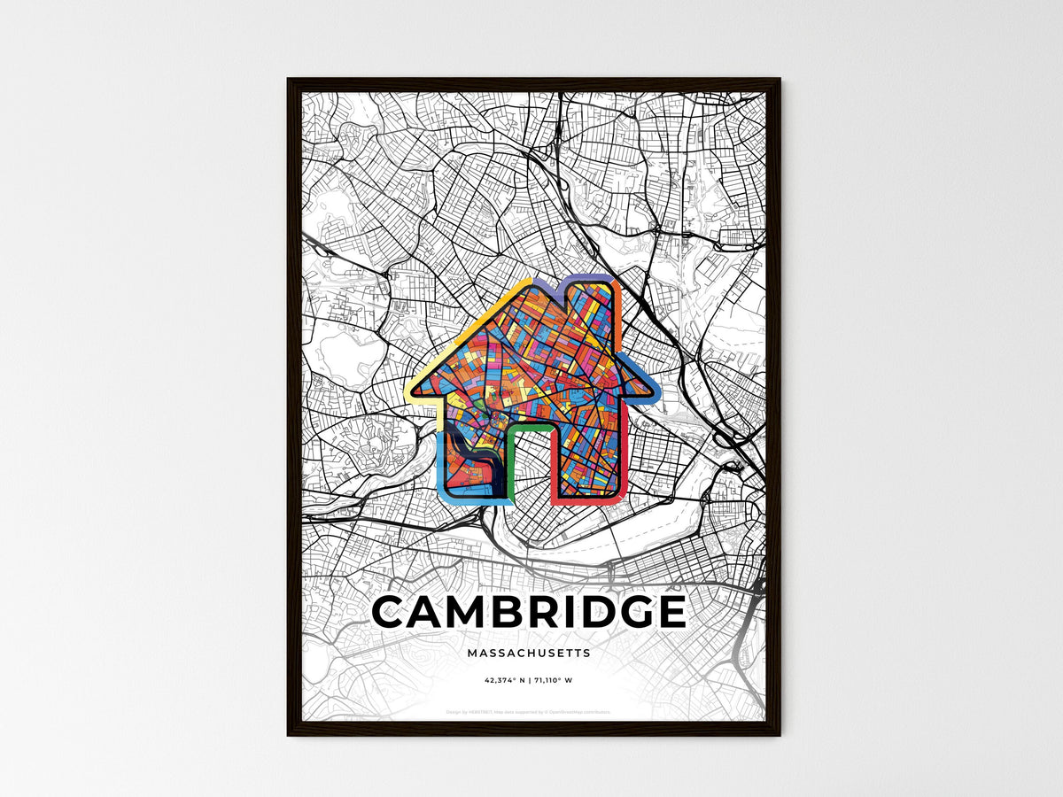 Cambridge Massachusetts wedding art map with home icon