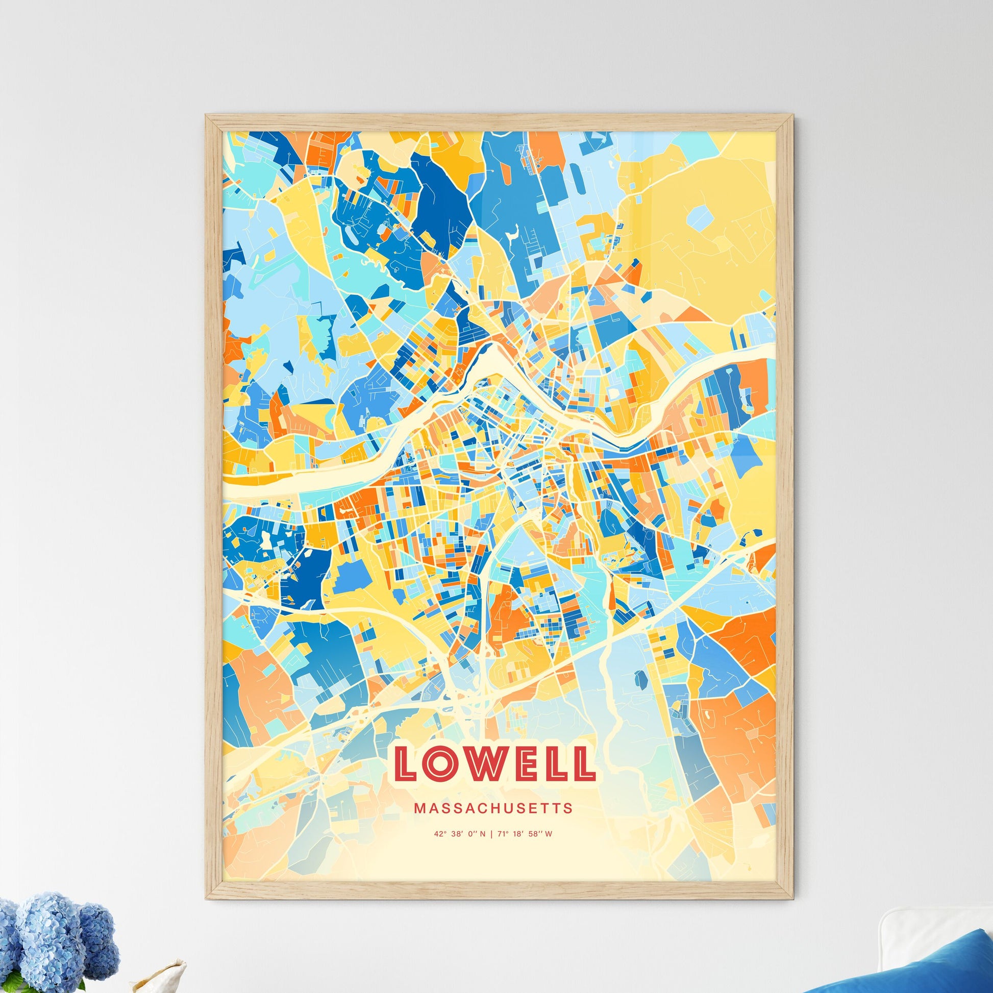 Colorful Lowell Massachusetts Fine Art Map Blue Orange