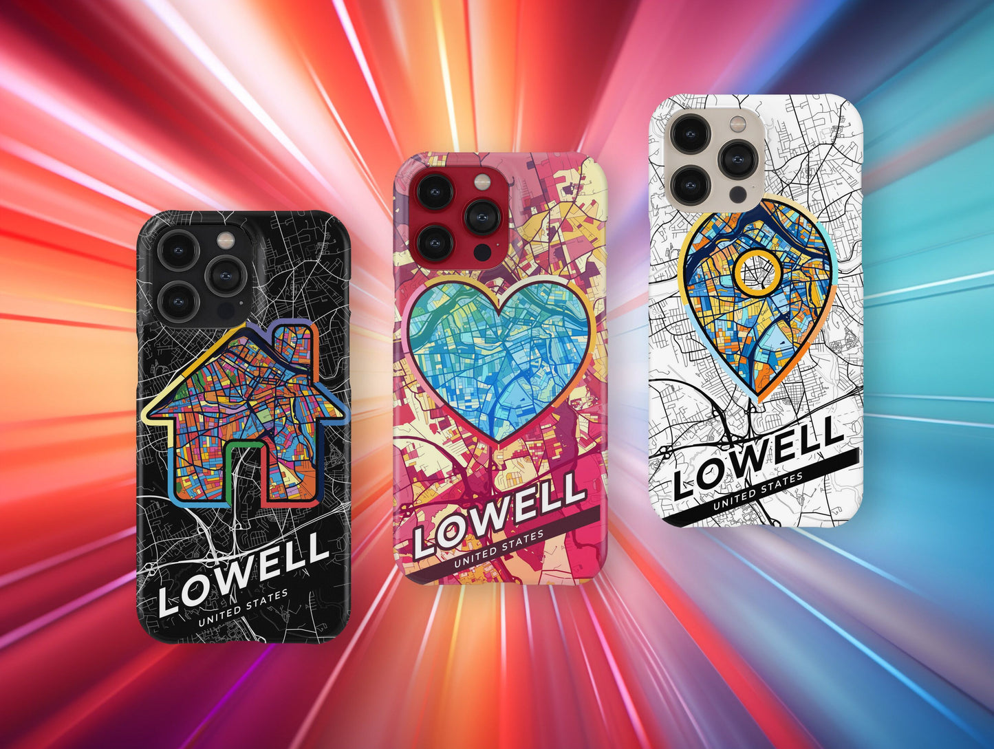 Lowell Massachusetts slim phone case with colorful icon. Birthday, wedding or housewarming gift. Couple match cases.