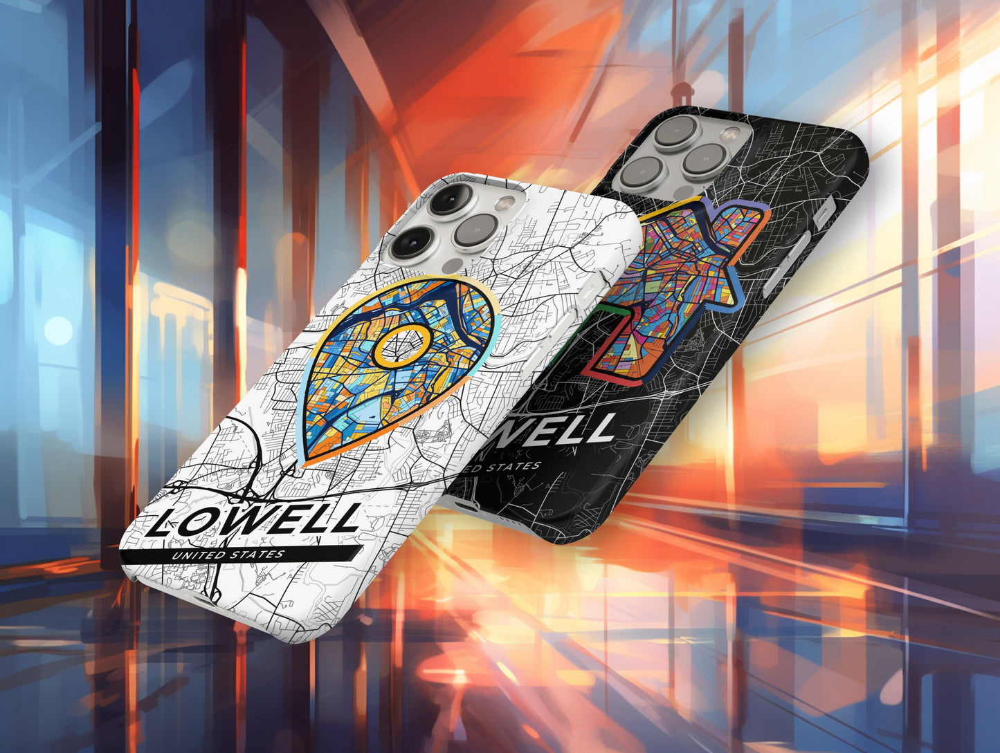 Lowell Massachusetts slim phone case with colorful icon. Birthday, wedding or housewarming gift. Couple match cases.
