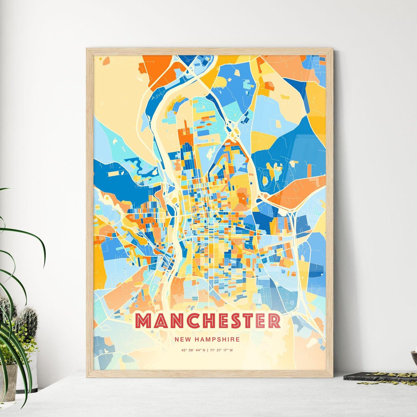 Colorful Manchester New Hampshire Fine Art Map Blue Orange