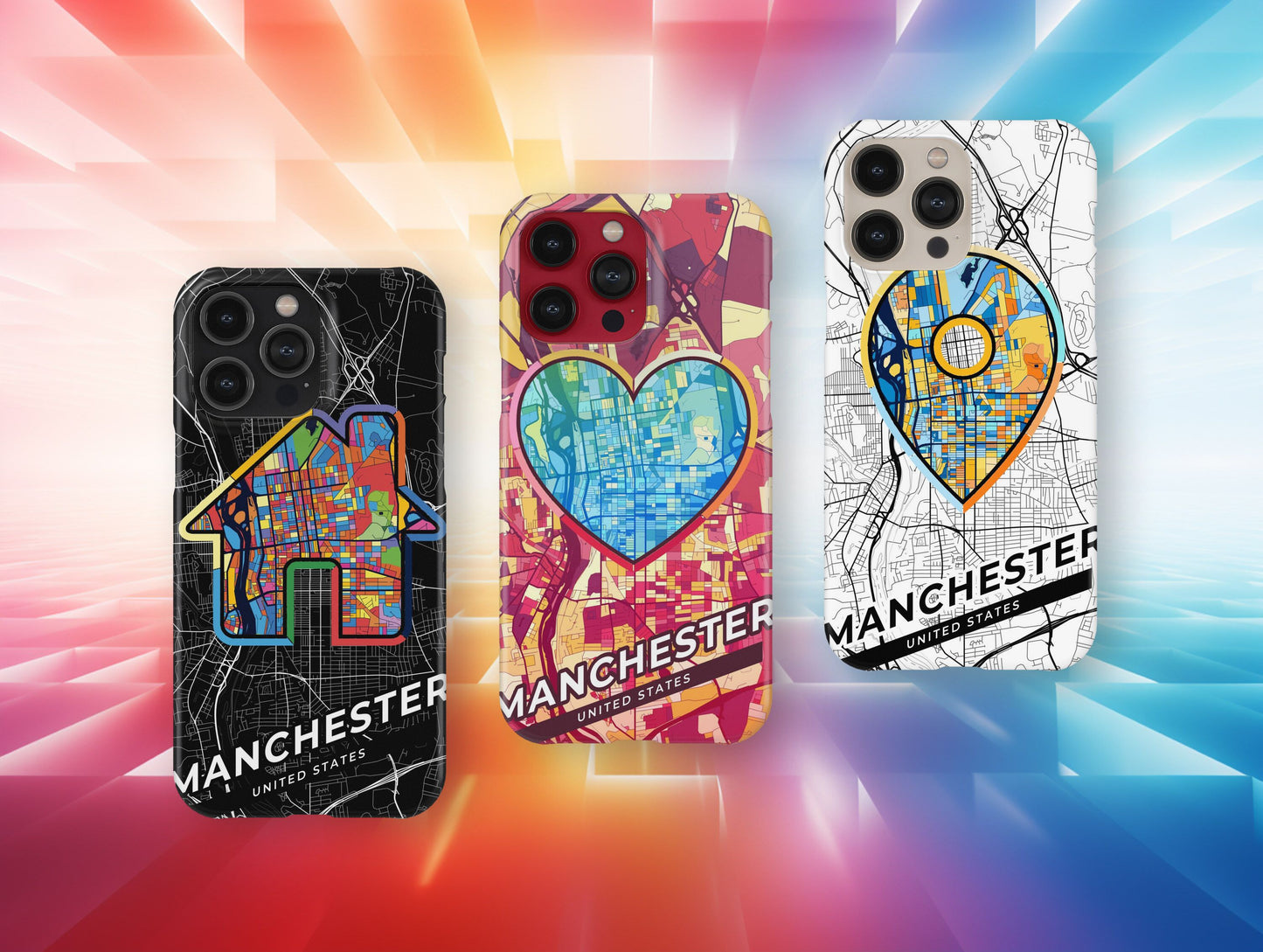 Manchester New Hampshire slim phone case with colorful icon. Birthday, wedding or housewarming gift. Couple match cases.