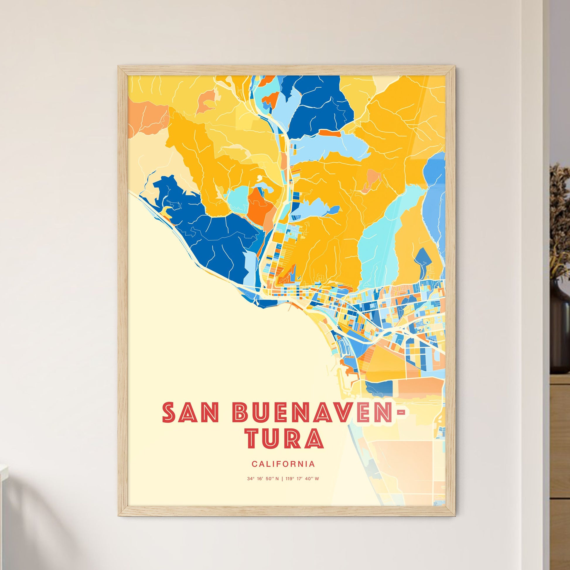 Colorful San Buenaventura California Fine Art Map Blue Orange