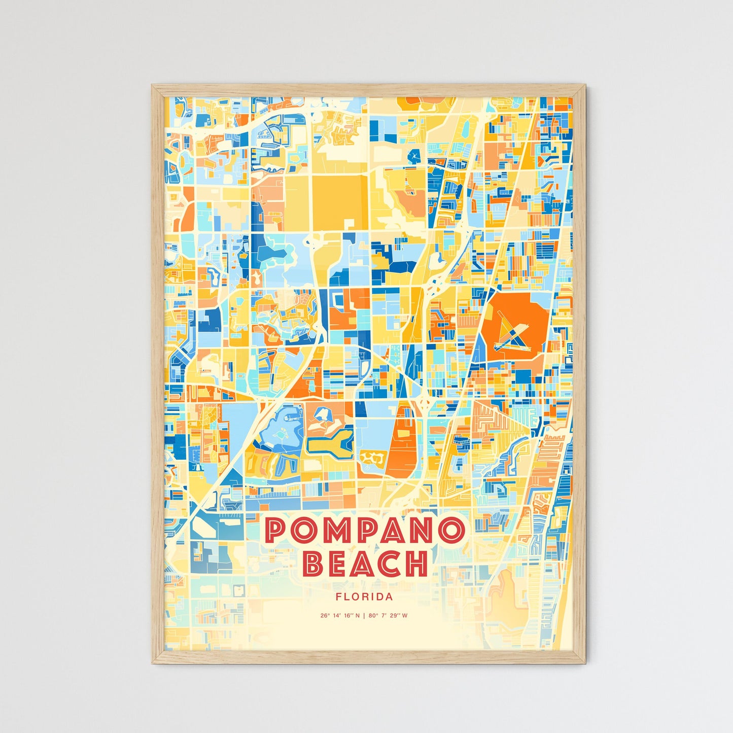 Colorful Pompano Beach Florida Fine Art Map Blue Orange